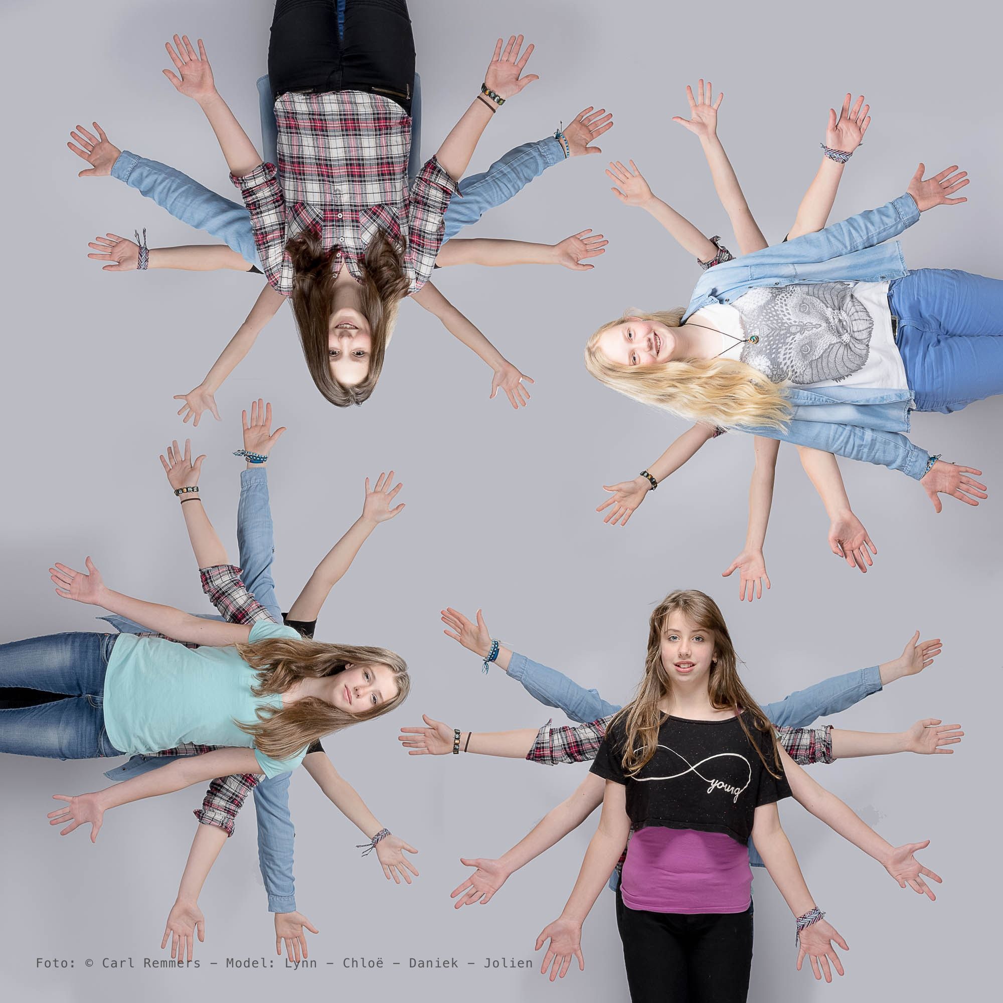 Montage of four young women with their arms spread, placed in a circle